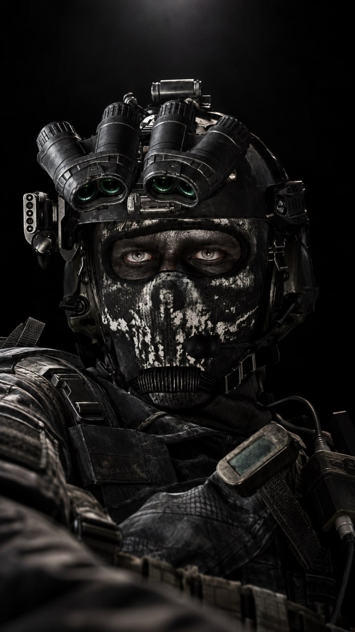 Masked operator with night vision goggles